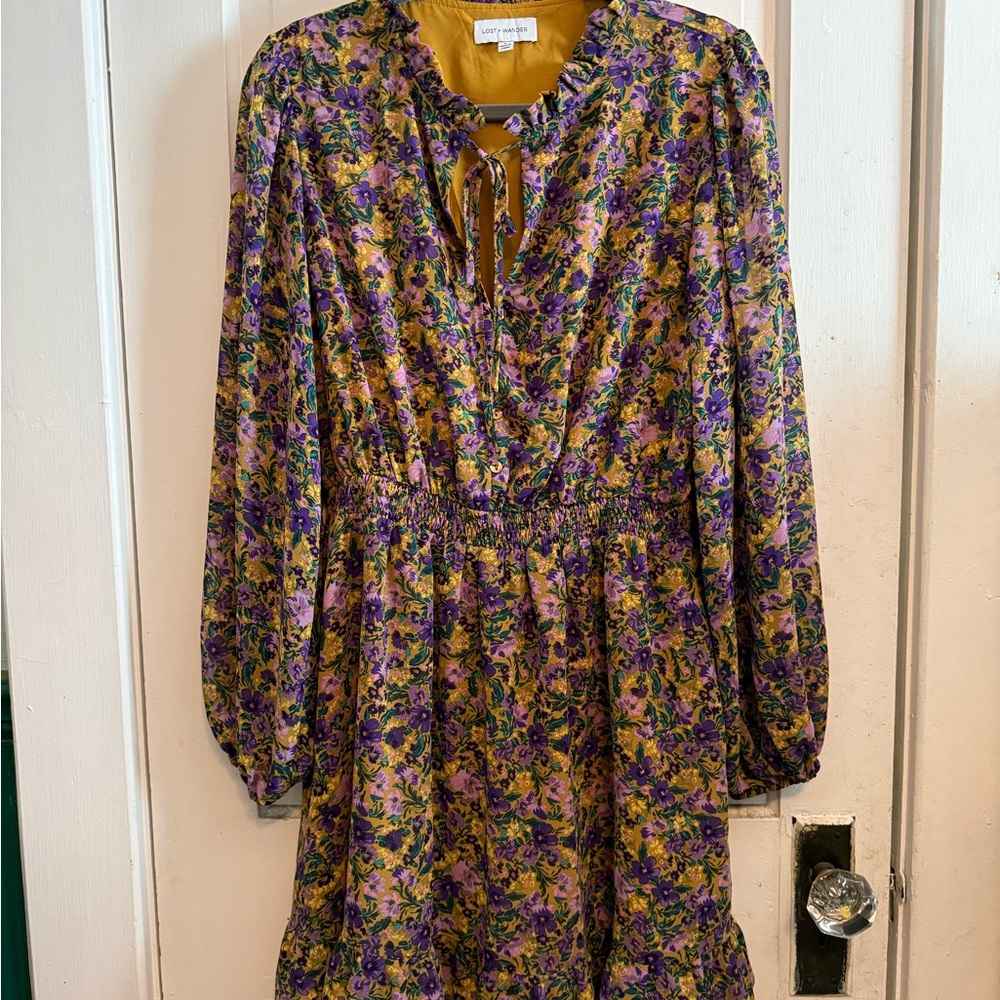 Long-Sleeve Floral Ruffle Dress in Mustard & Purple